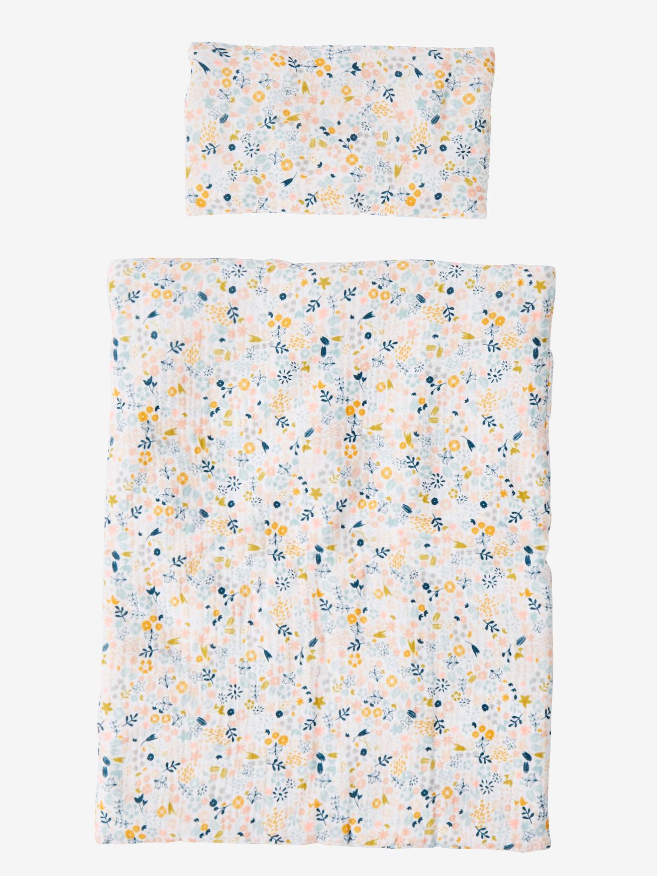 Couette + oreiller poupon en gaze de coton fleurette