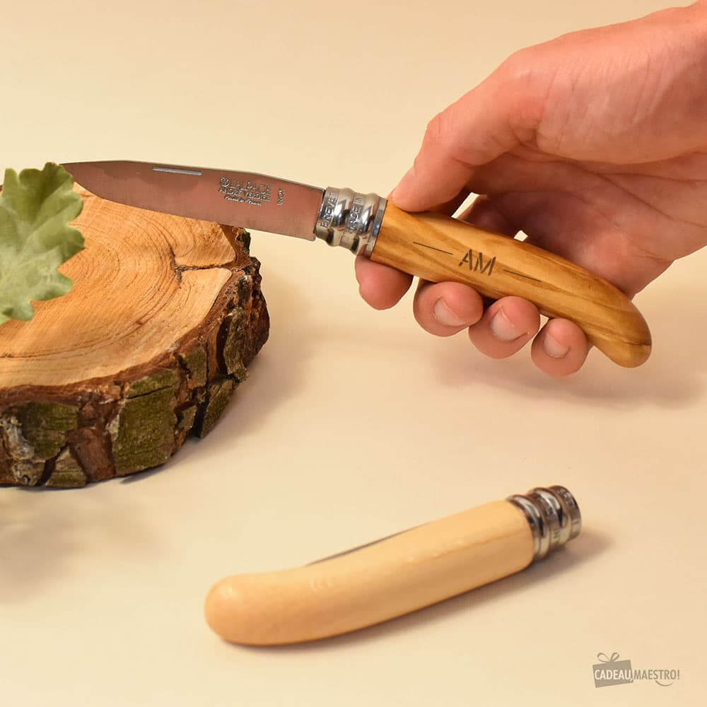 Couteau Pliable Manche Initiales à Personnaliser Olivier - Couteau Personnalisé