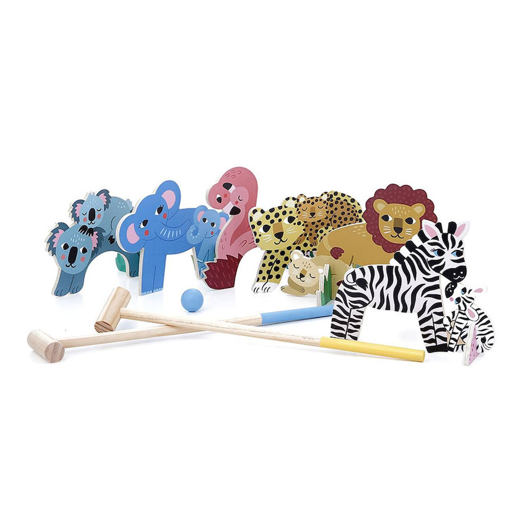 Croquet en bois animaux petit safari bleu