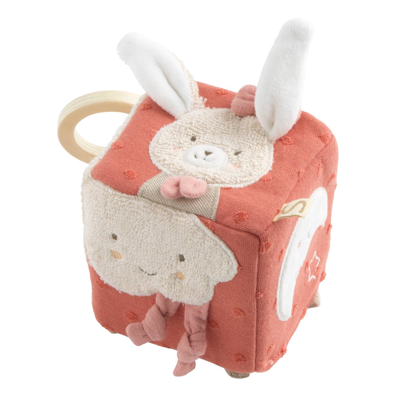 Cube d'activités bébé en coton bio - petit coeur rose