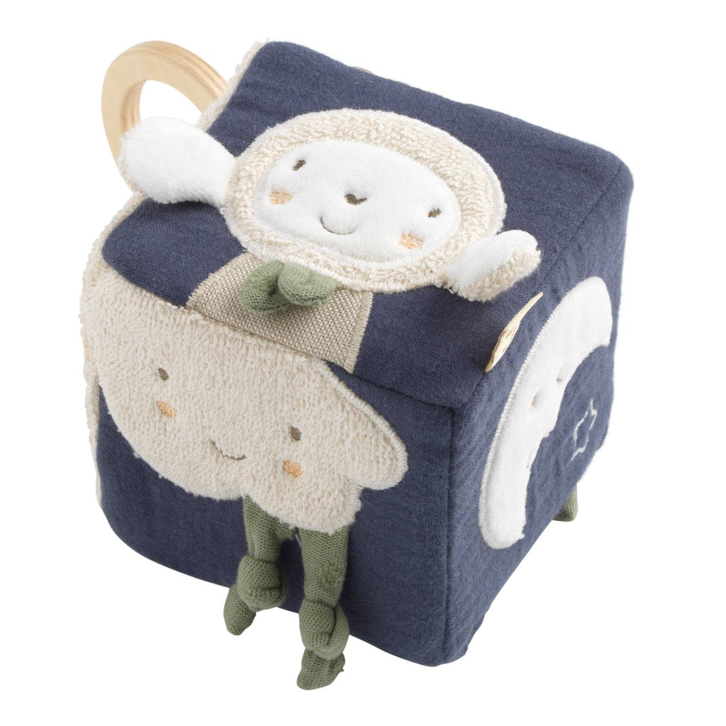 Cube d'activités bébé en coton bio - petit coeur bleu