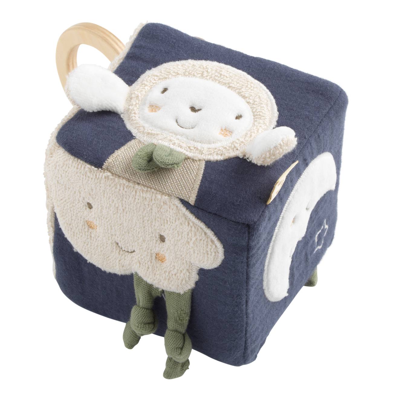 Cube d'activités bébé en coton bio - petit coeur bleu