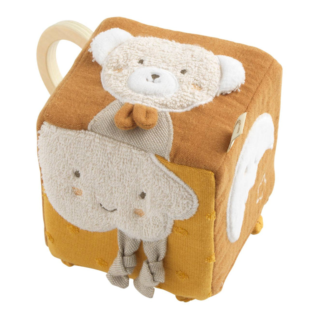 Cube d'activités bébé en coton bio - petit coeur jaune