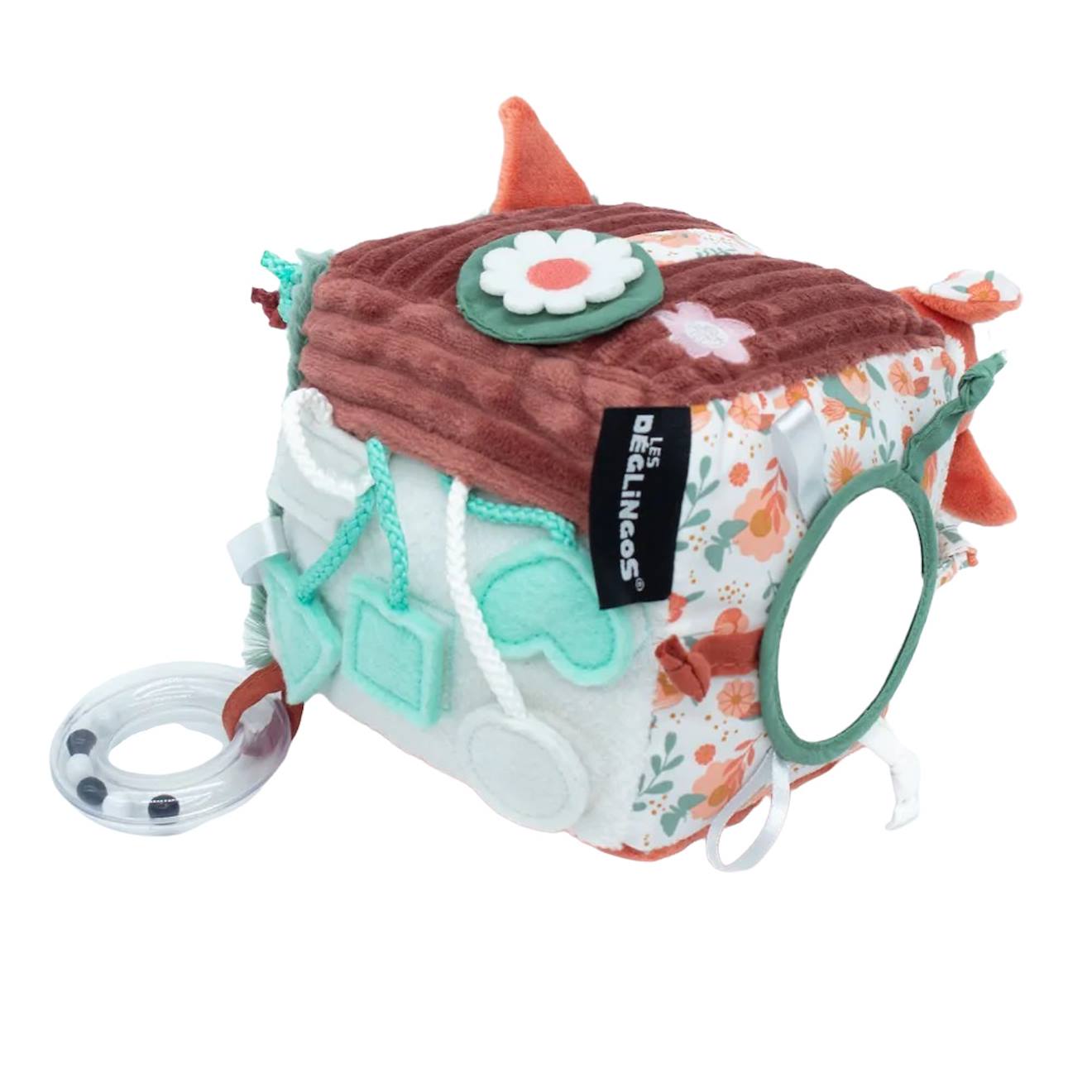 Cube d'activités en tissu rose