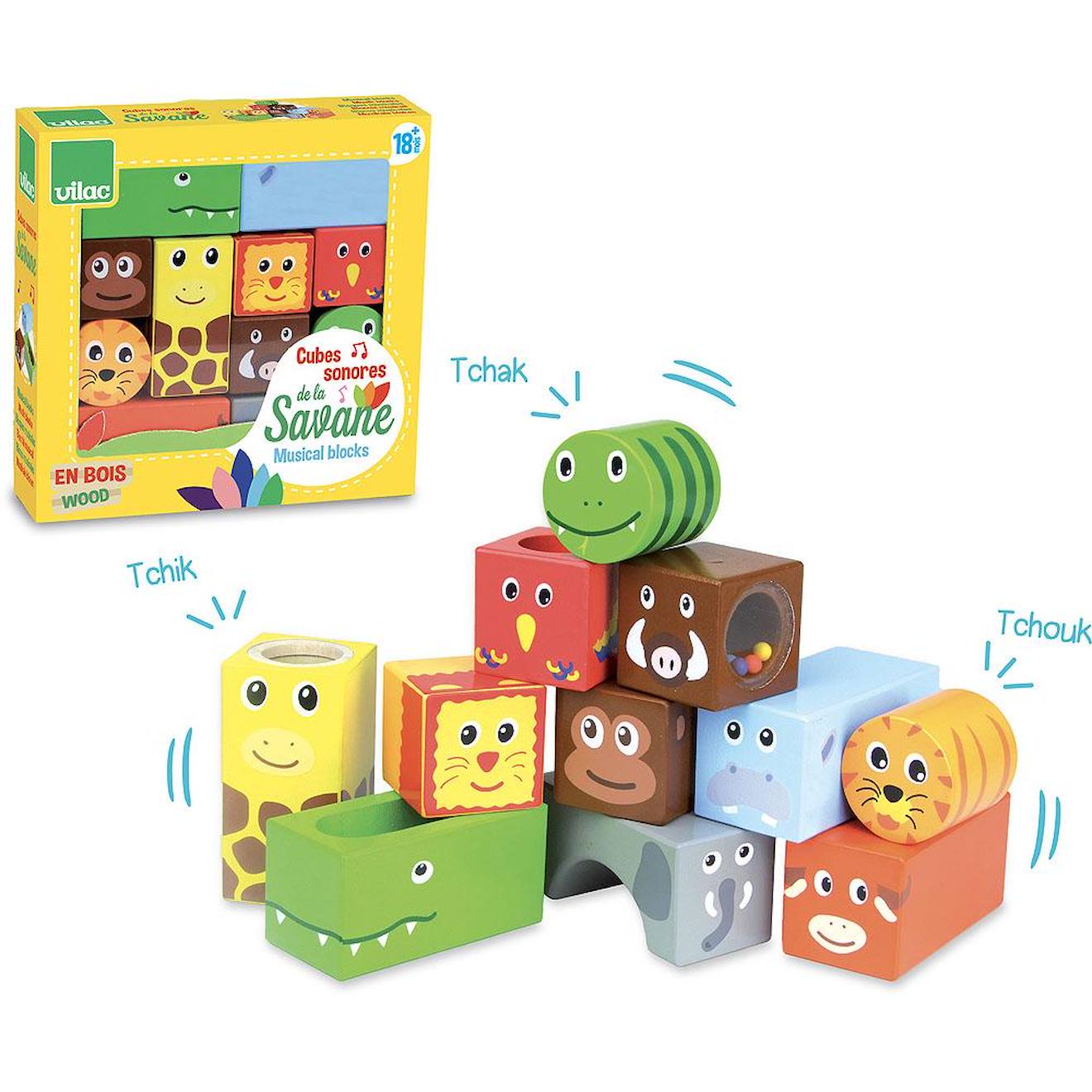 Cubes sonores animaux de la savane jaune