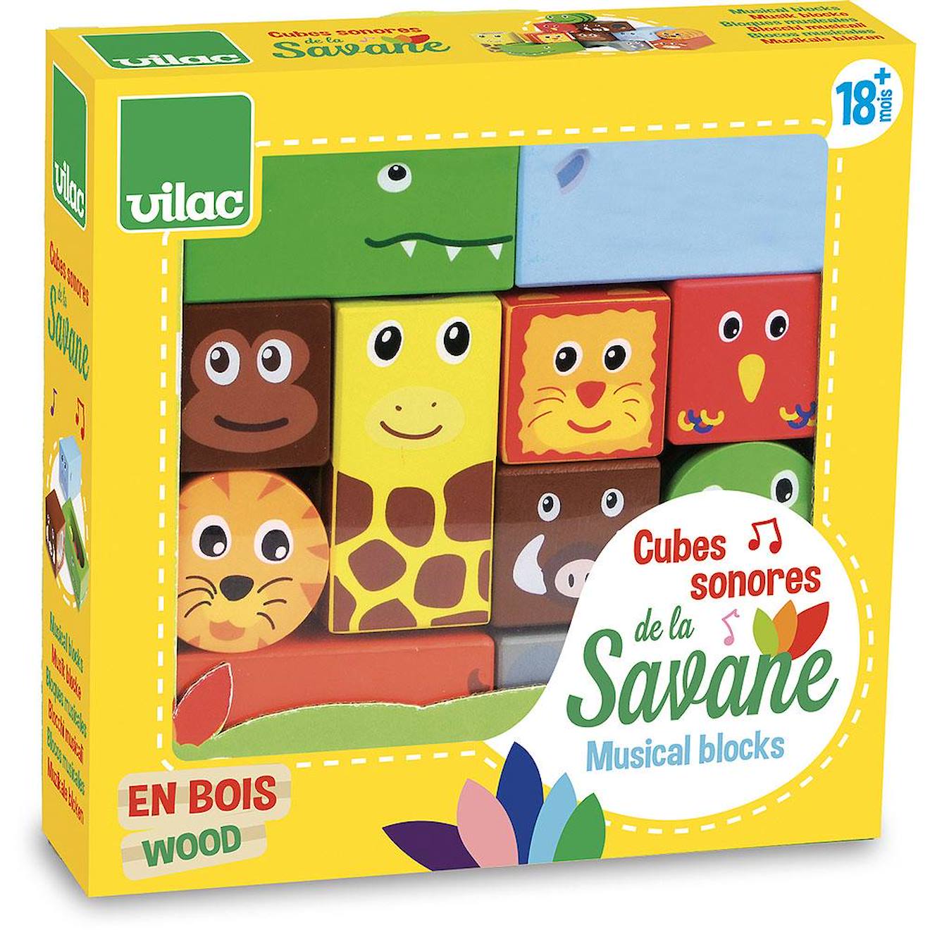 Cubes sonores animaux de la savane jaune