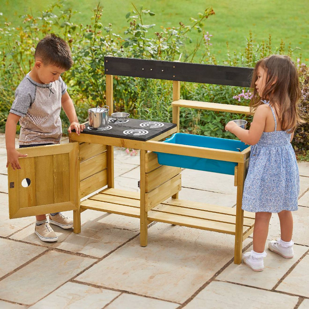 Cuisine d'extérieur pour enfant junior chef bois FSC marron - bleu - noir