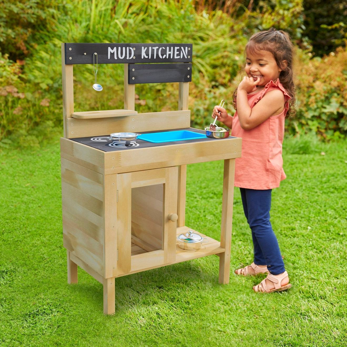 Cuisine d'extérieur pour enfant junior cook bois FSC marron - bleu - noir