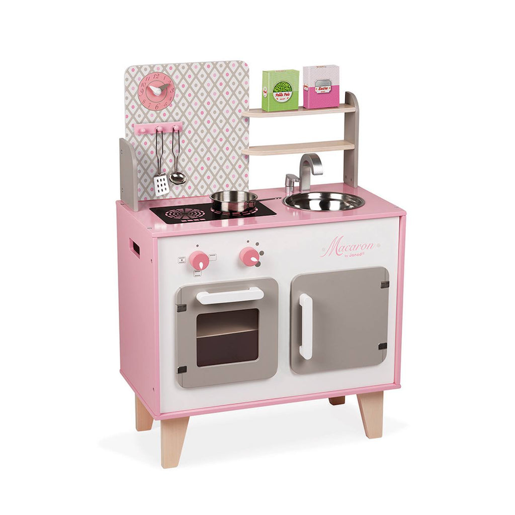 Cuisine en bois macaron, 5 accessoires rose / blanc