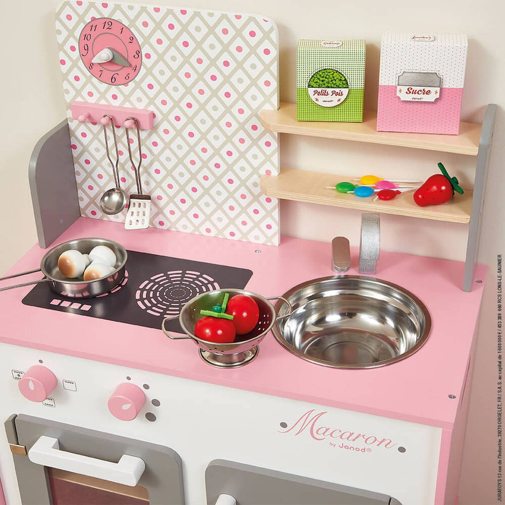 Cuisine en bois macaron, 5 accessoires rose / blanc