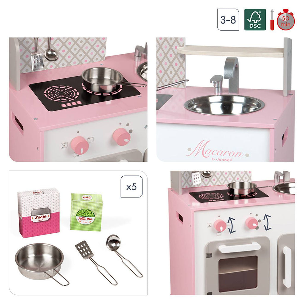 Cuisine en bois macaron, 5 accessoires rose / blanc
