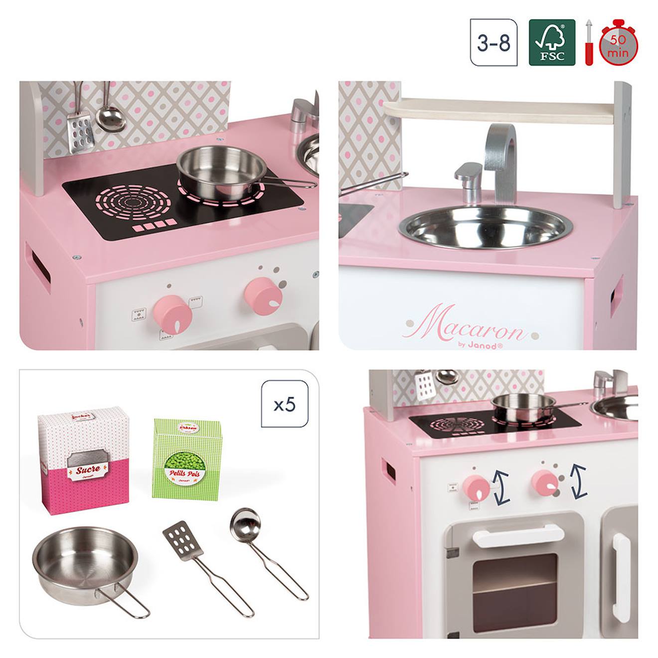 Cuisine en bois macaron, 5 accessoires rose / blanc