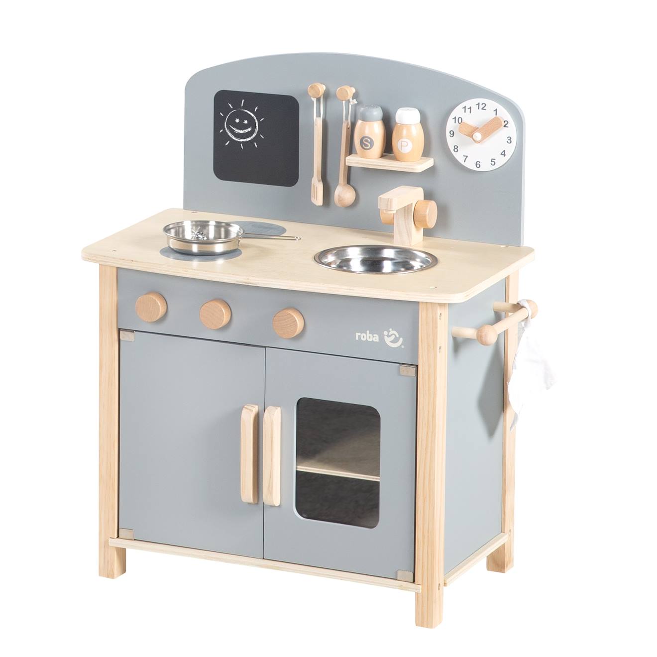 Cuisine enfant équipée avec accessoires et horloge gris et naturel