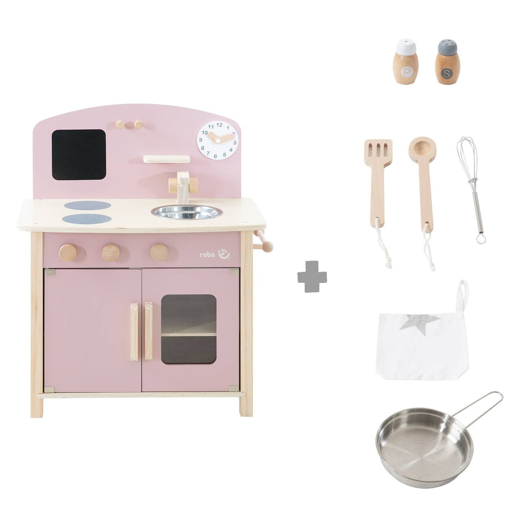 Cuisine enfant équipée avec accessoires et horloge rose et naturel