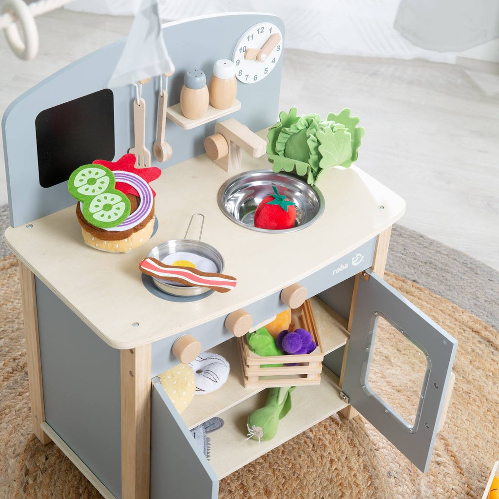 Cuisine enfant équipée avec accessoires et horloge gris et naturel