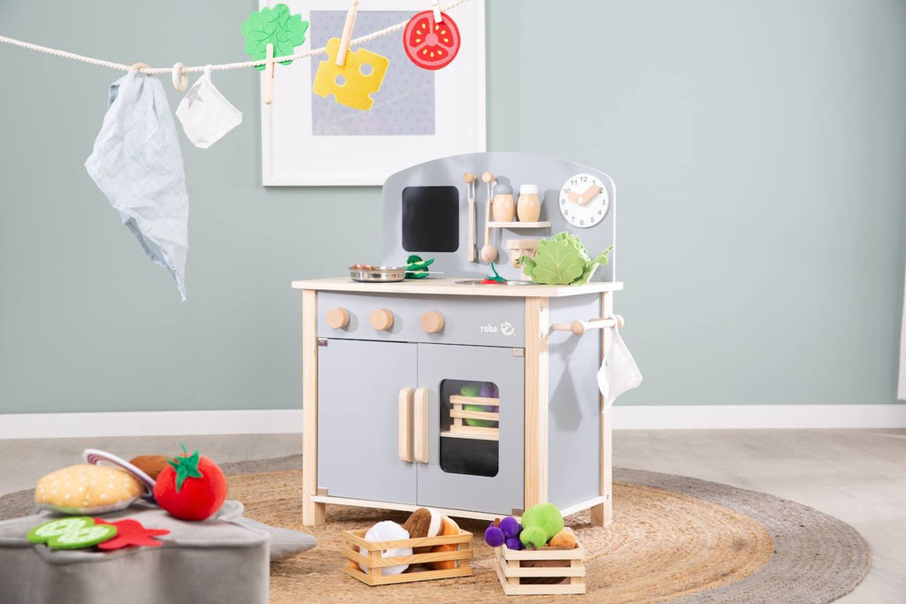 Cuisine enfant équipée avec accessoires et horloge gris et naturel