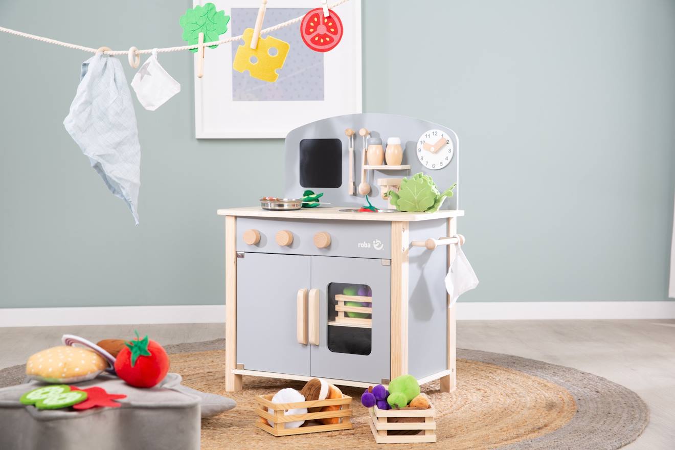 Cuisine enfant équipée avec accessoires et horloge gris et naturel