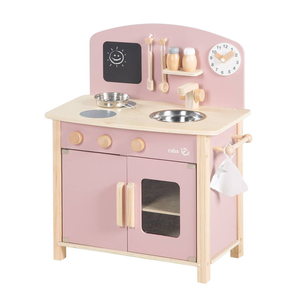 Cuisine enfant équipée avec accessoires et horloge rose et naturel