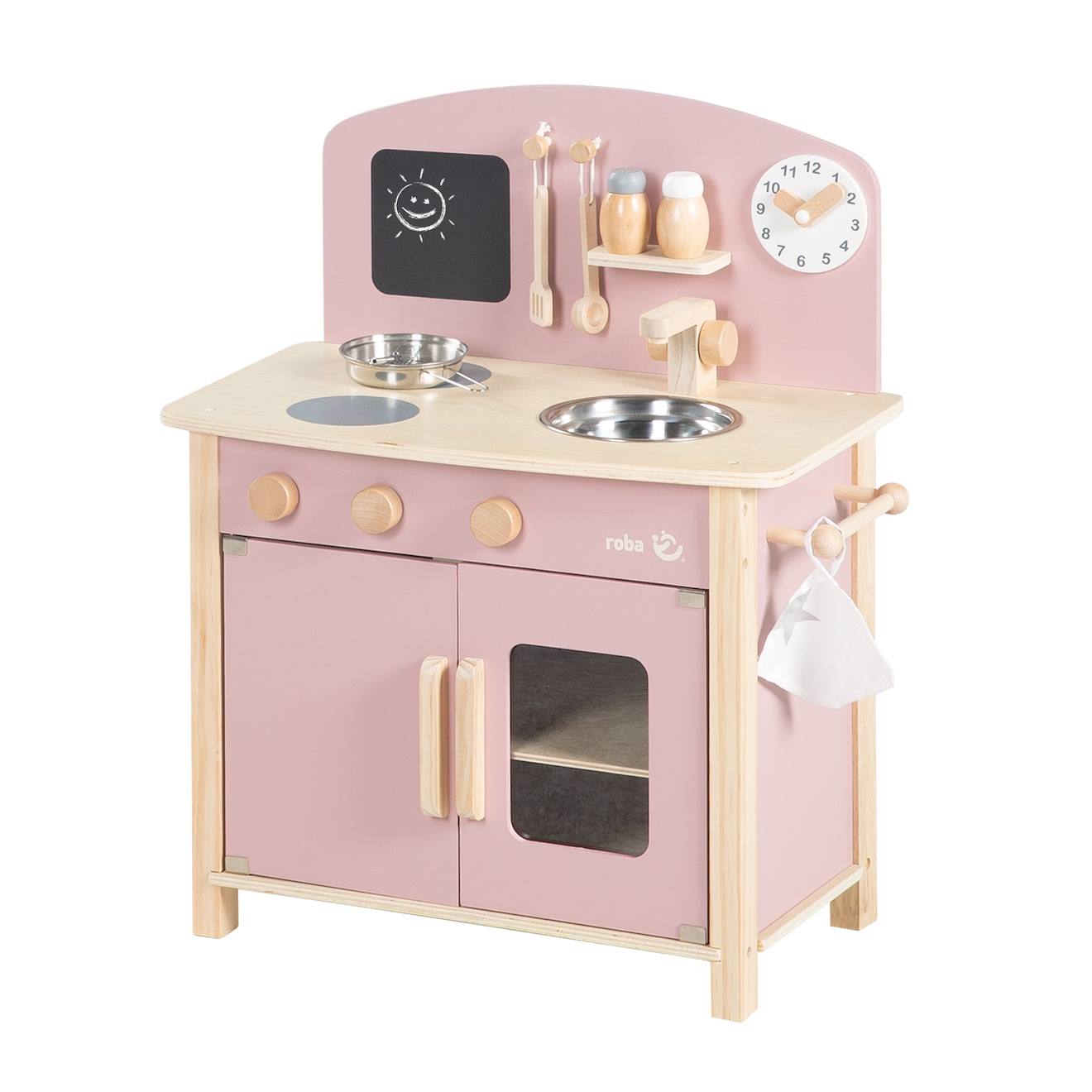 Cuisine enfant équipée avec accessoires et horloge rose et naturel