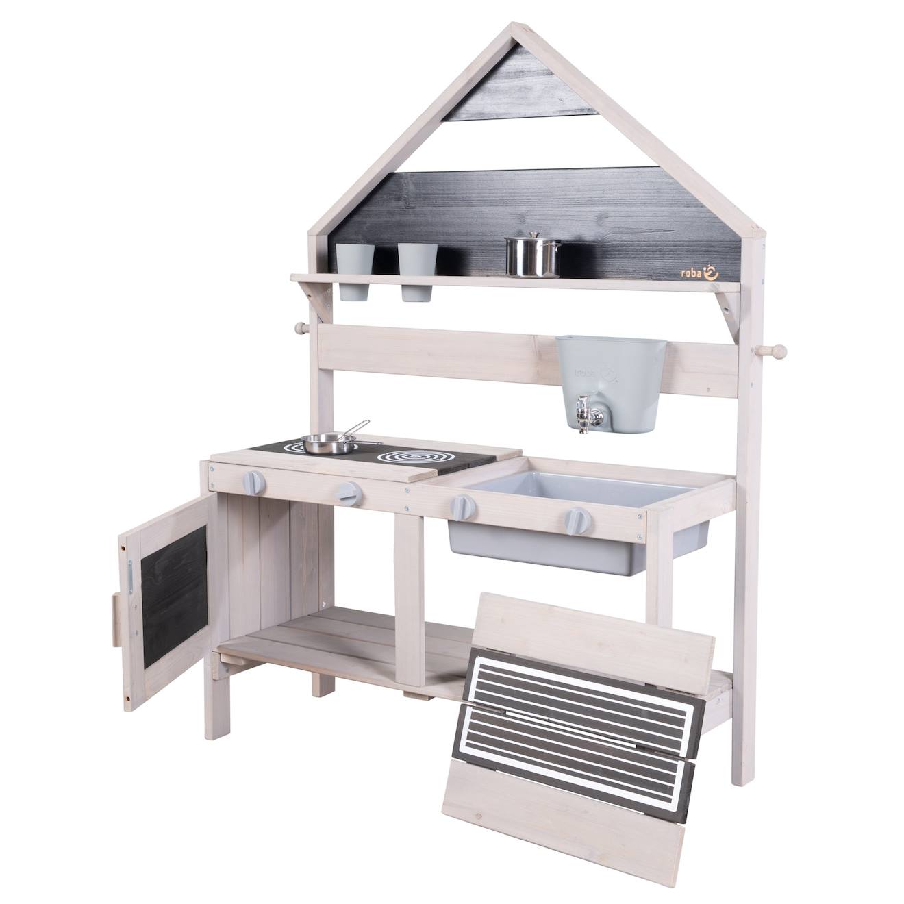 Cuisine extérieure en forme de maison en bois FSC avec accessoires gris