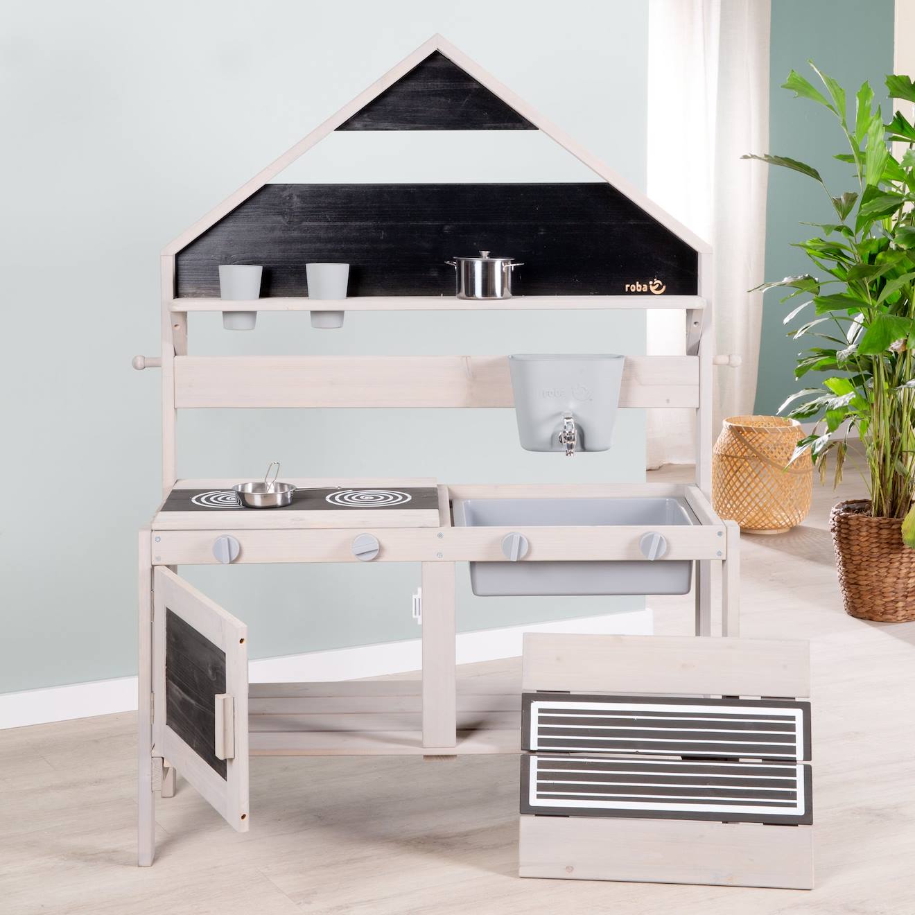 Cuisine extérieure en forme de maison en bois FSC avec accessoires gris