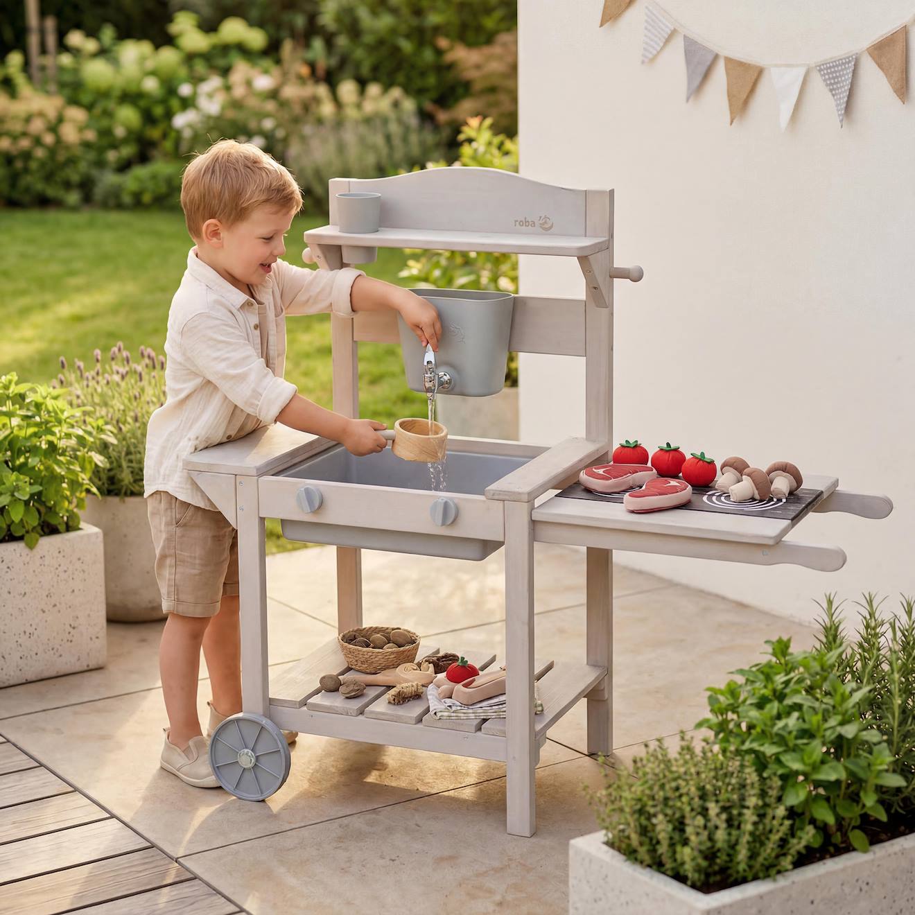 Cuisine extérieure pour enfant avec barbecue en bois FSC gris