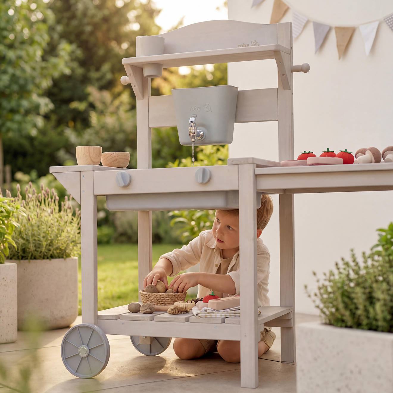 Cuisine extérieure pour enfant avec barbecue en bois FSC gris