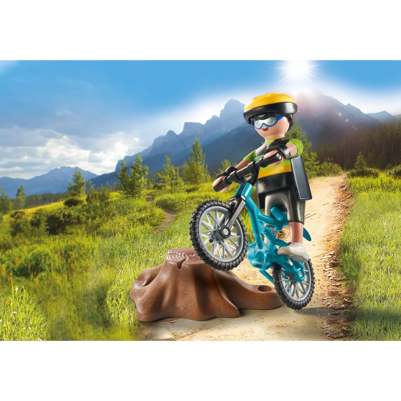 Cycliste avec vélo tout terrain et souche d'arbre 71756 multicolore