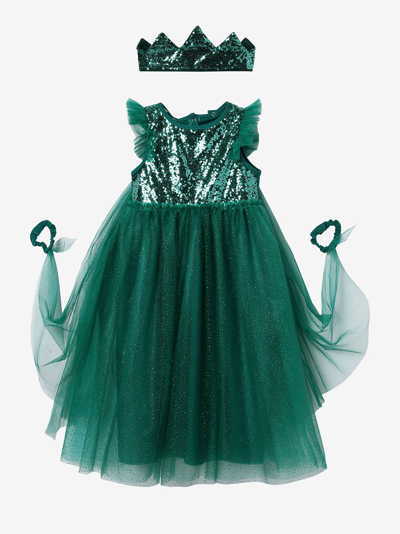 Déguisement de princesse avec voile et couronne vert émeraude