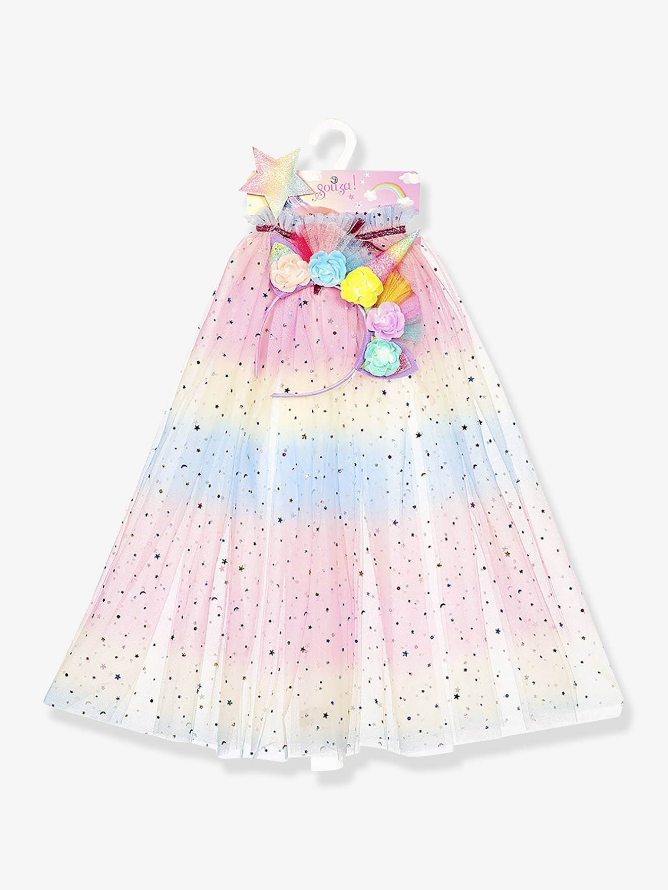Déguisement licorne : cape + serre-tête + baguette multicolore
