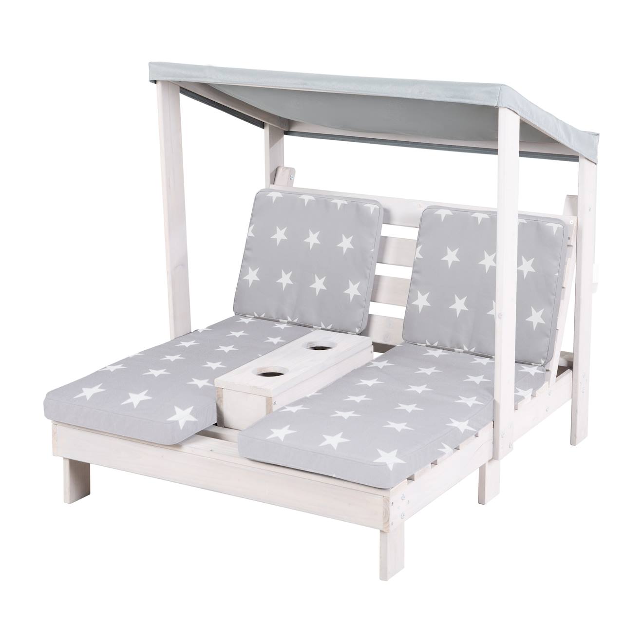 Double chaise longue en bois massif FSC + 4 coussins et pare soleil gris / motif étoiles