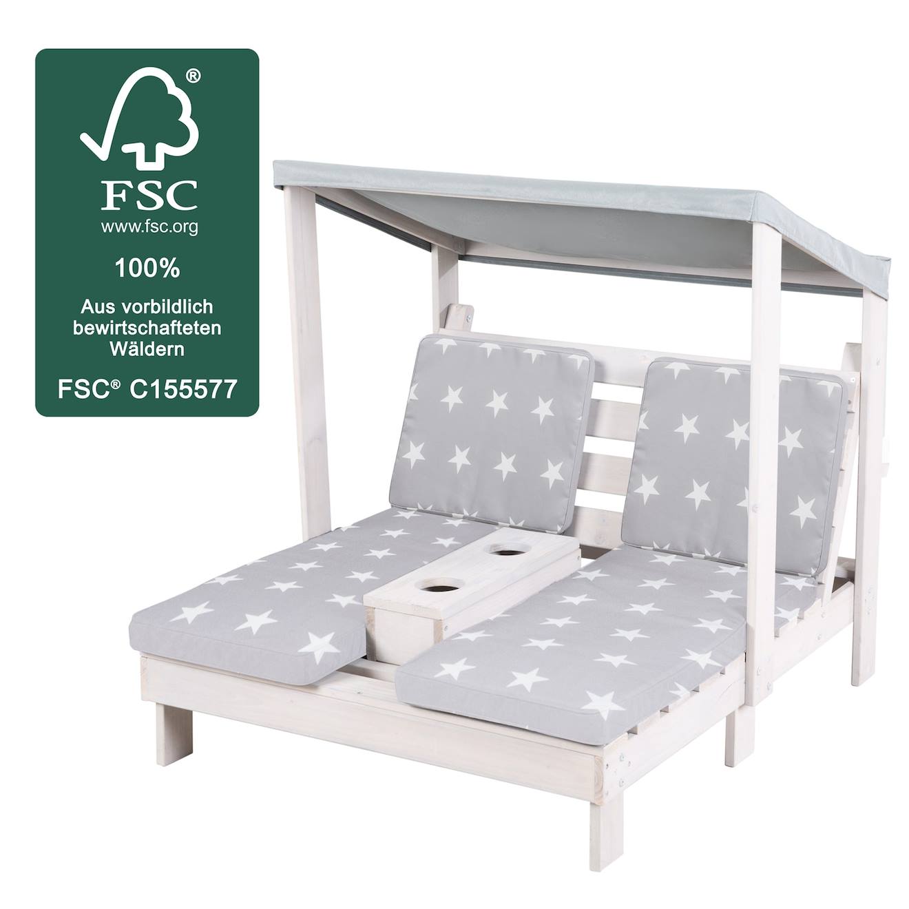 Double chaise longue en bois massif FSC + 4 coussins et pare soleil gris / motif étoiles