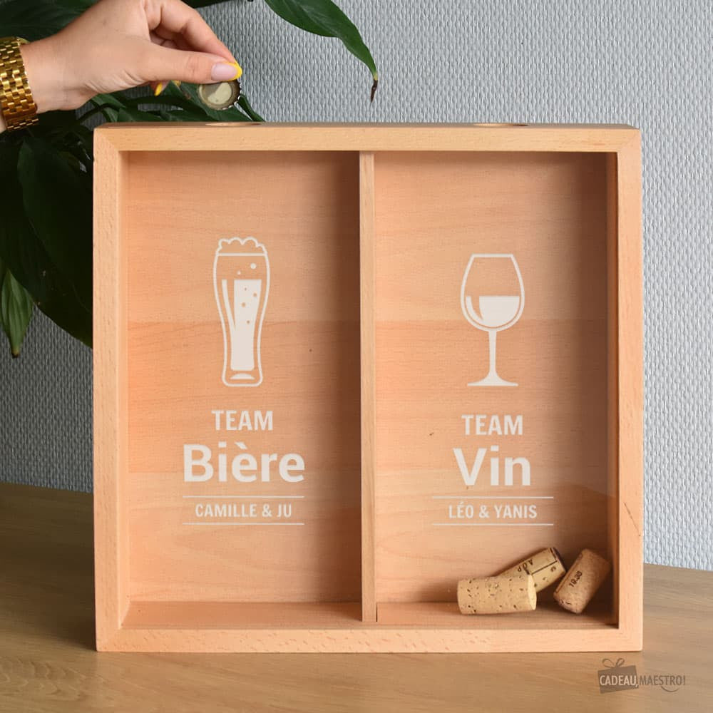 Double Collecteur en Hêtre Bière et Vin à Personnaliser - Collecteur de Bouchons