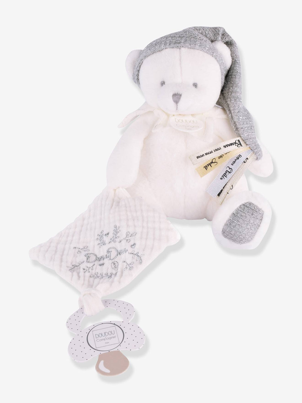 Doudou 25 ans - ours argent - pantin attache-sucette argent
