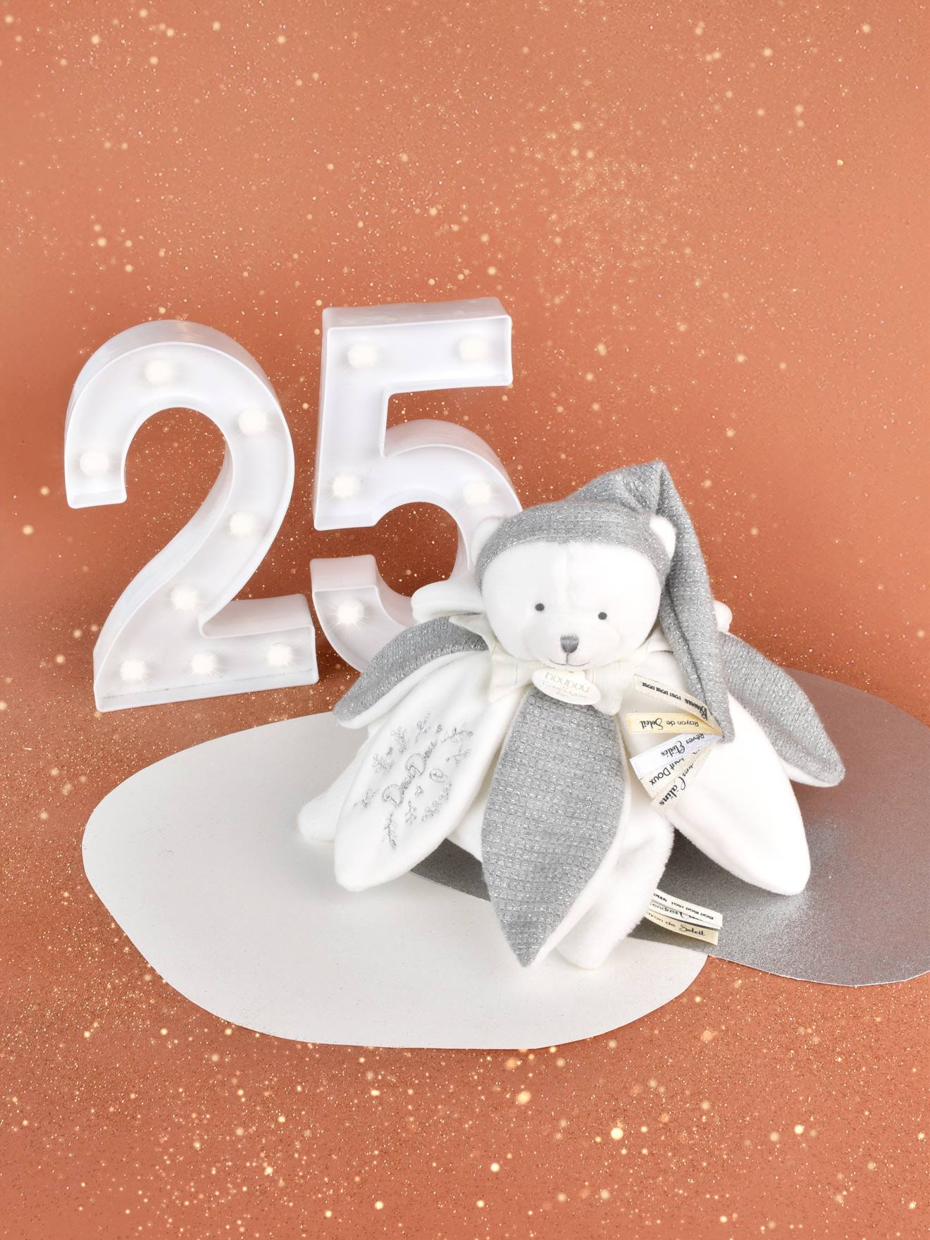 Doudou 25 ans - ours argent - pantin attache-sucette argent