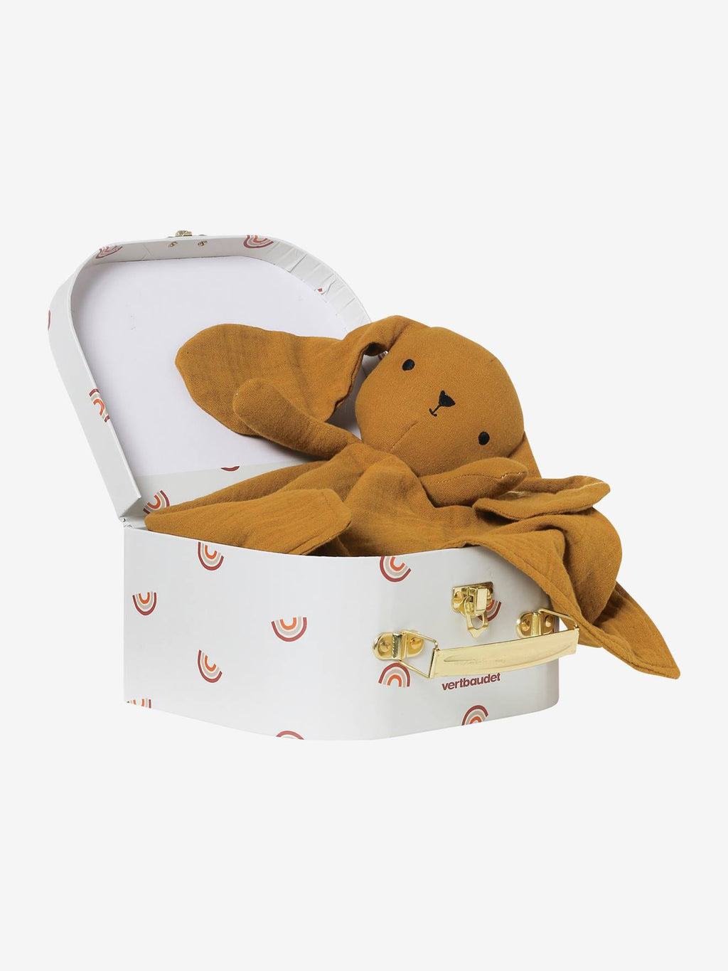 Doudou en gaze de coton personnalisable et sa valisette ocre