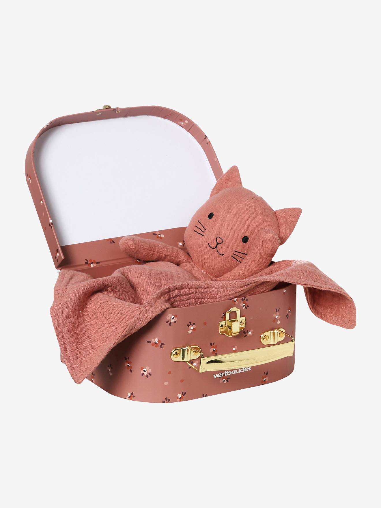 Doudou en gaze de coton personnalisable et sa valisette rose