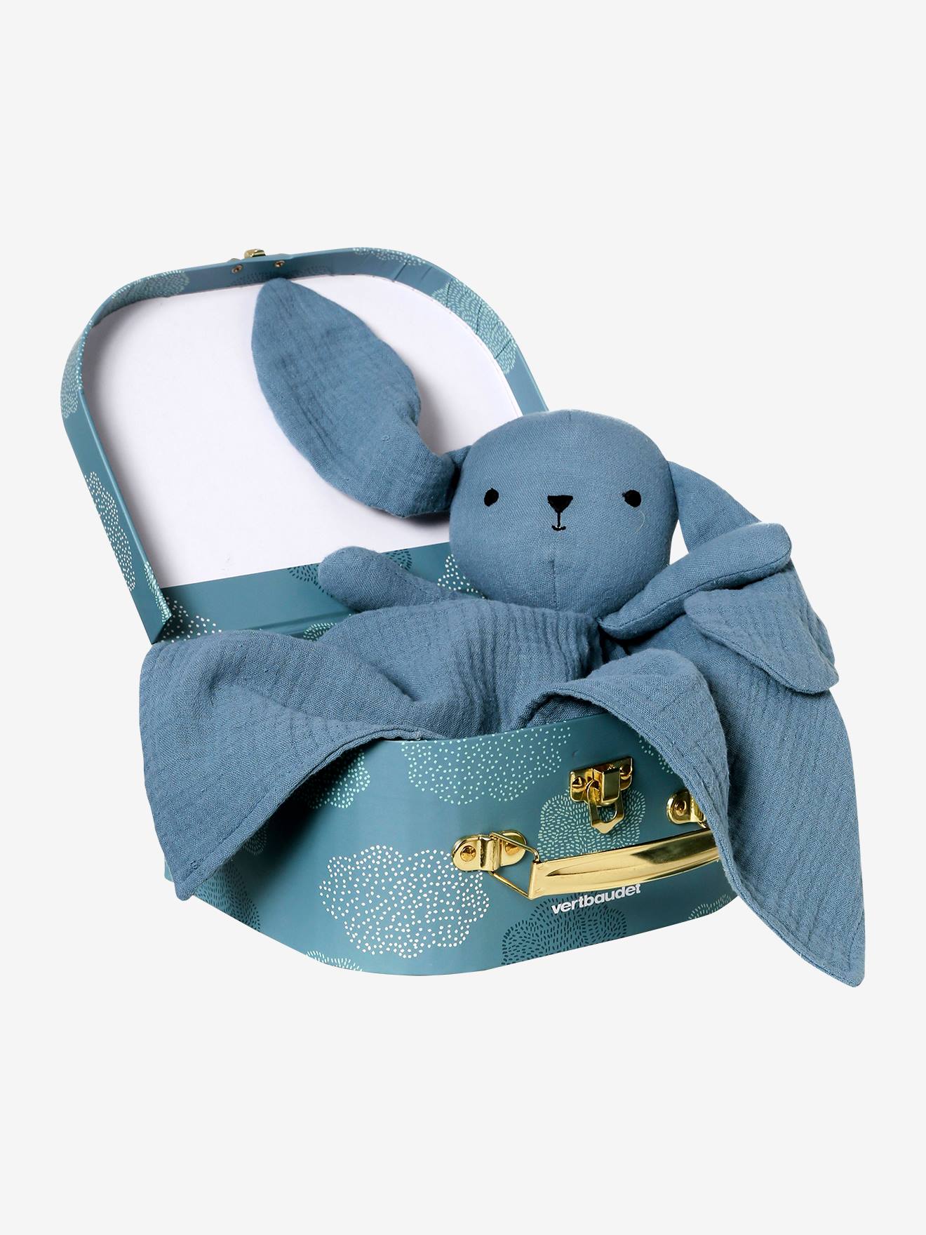 Doudou en gaze de coton personnalisable et sa valisette bleu