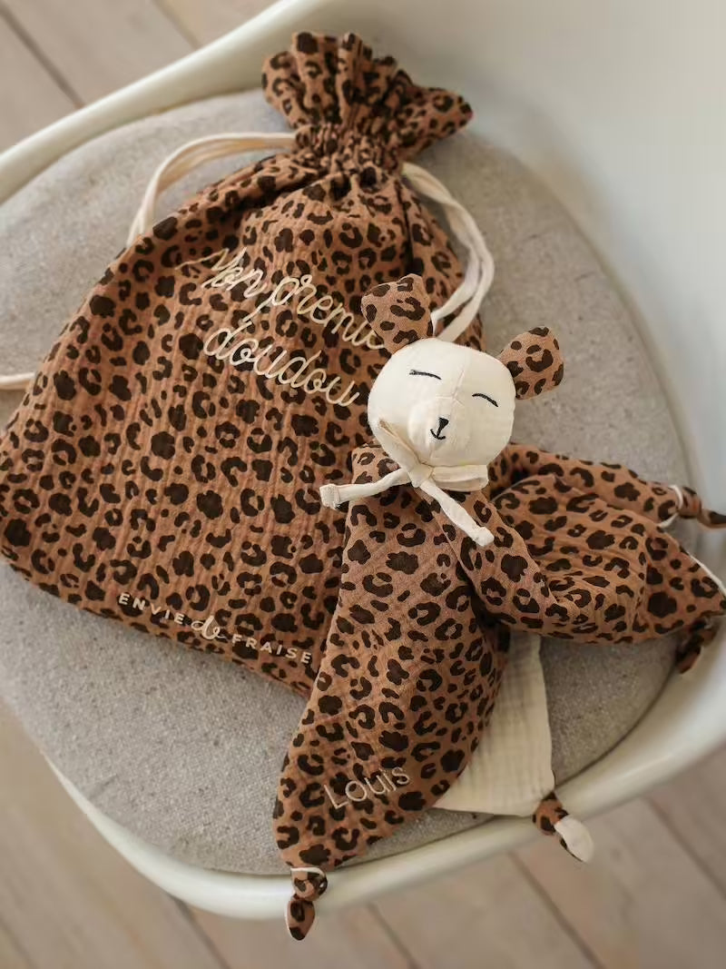 Doudou en gaze de coton bio imprimé léopard personnalisable - Vertbaudet