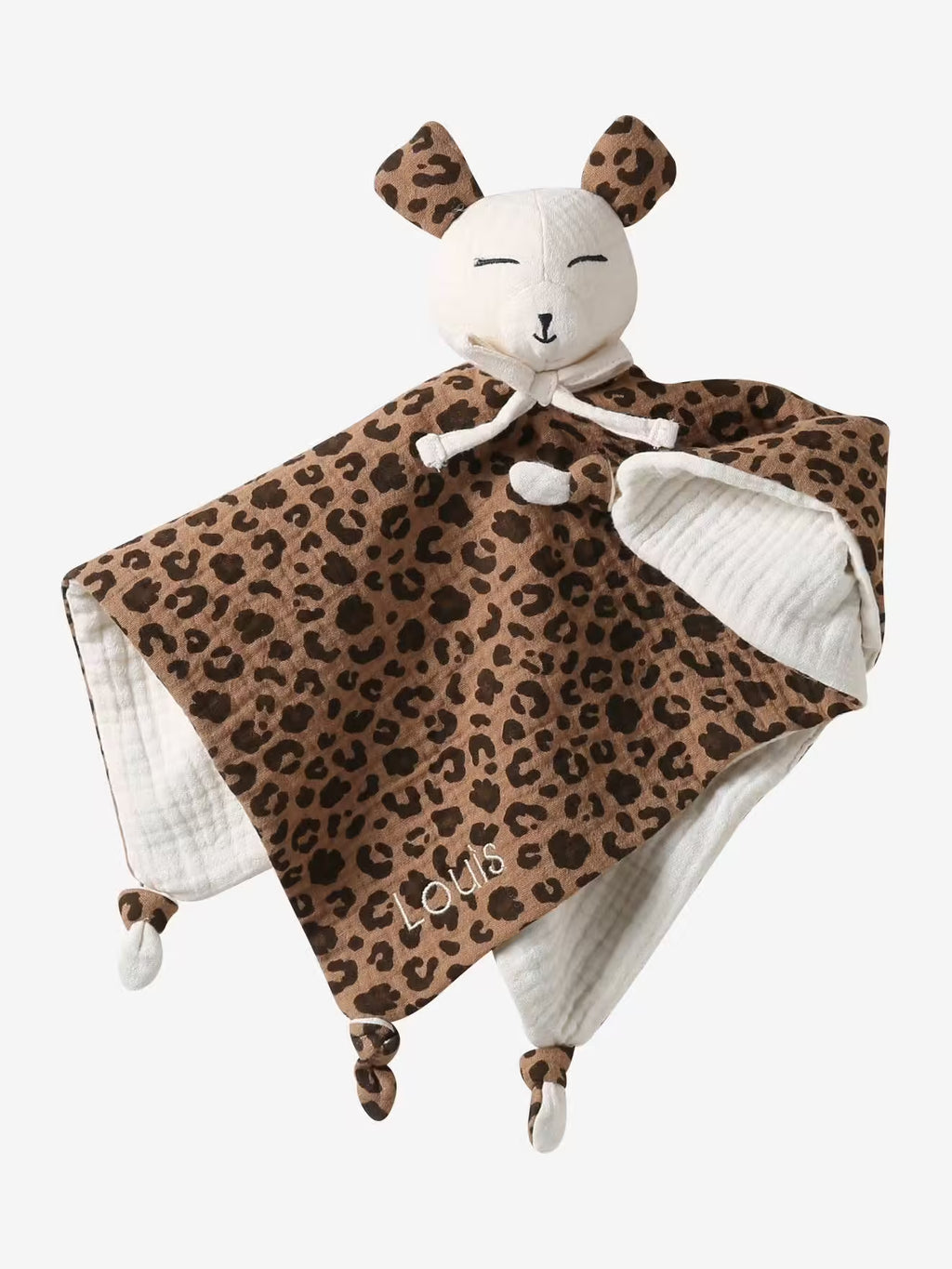 Doudou en gaze de coton bio imprimé léopard personnalisable - Vertbaudet