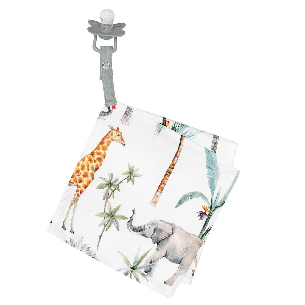 Doudou lange attache tétine en coton safari safari, vert, gris, blanc