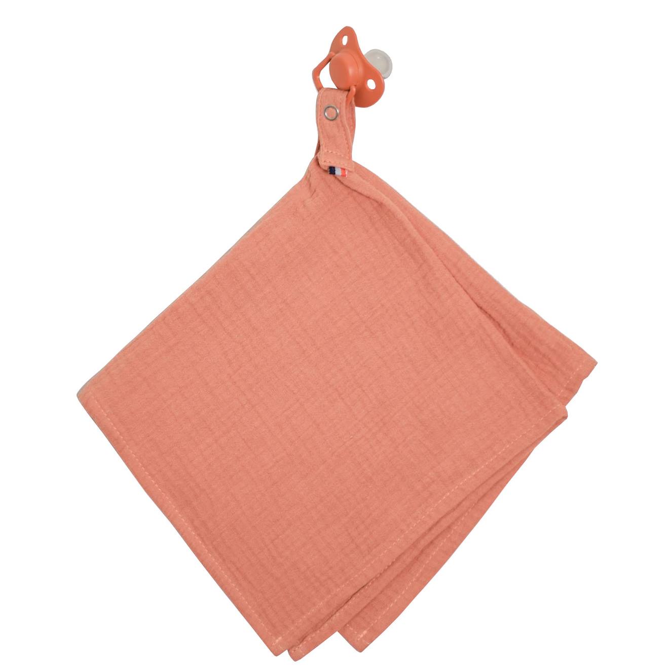 Doudou lange attache tétine en gaze de coton jeanne terracotta