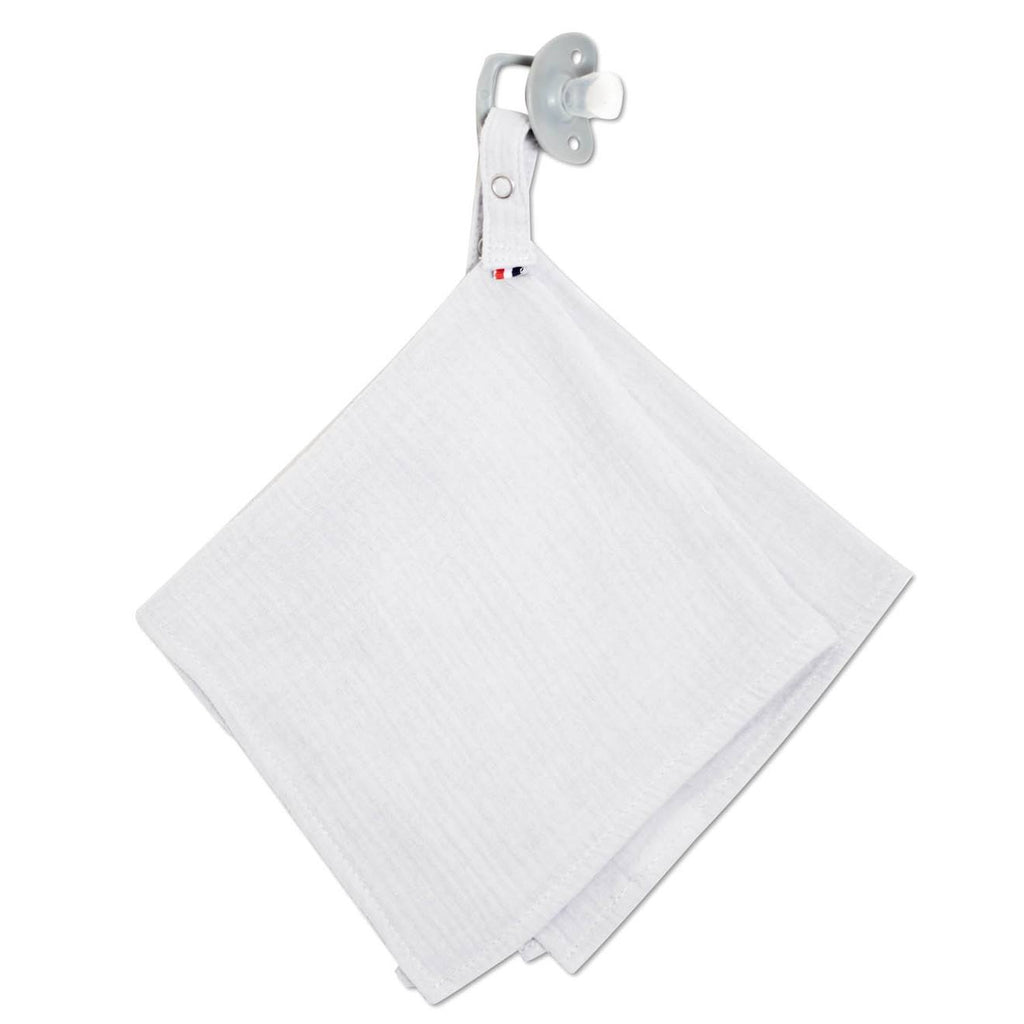 Doudou lange attache tétine en gaze de coton jeanne blanc