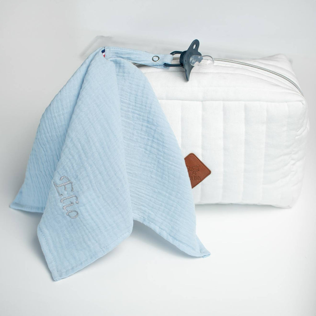 Doudou lange attache tétine en gaze de coton jeanne bleu