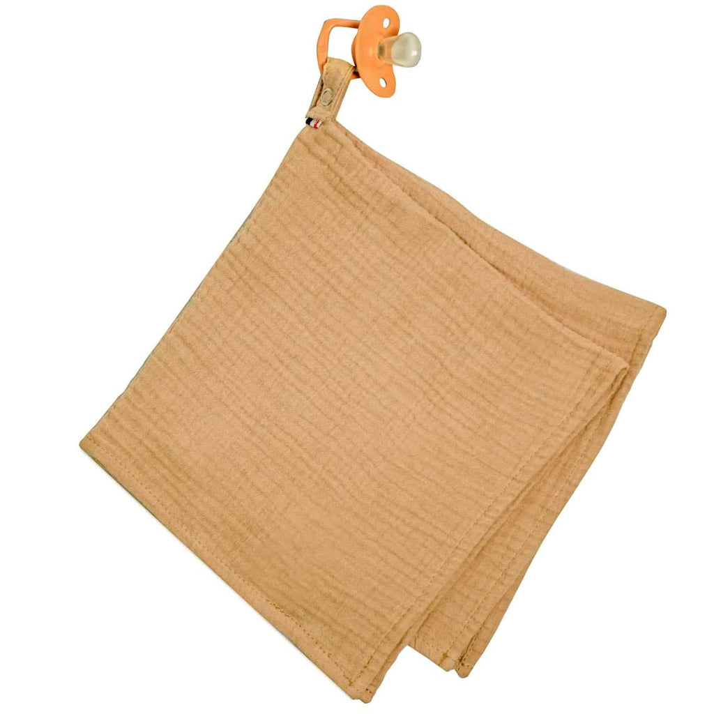 Doudou lange attache tétine en gaze de coton jeanne camel
