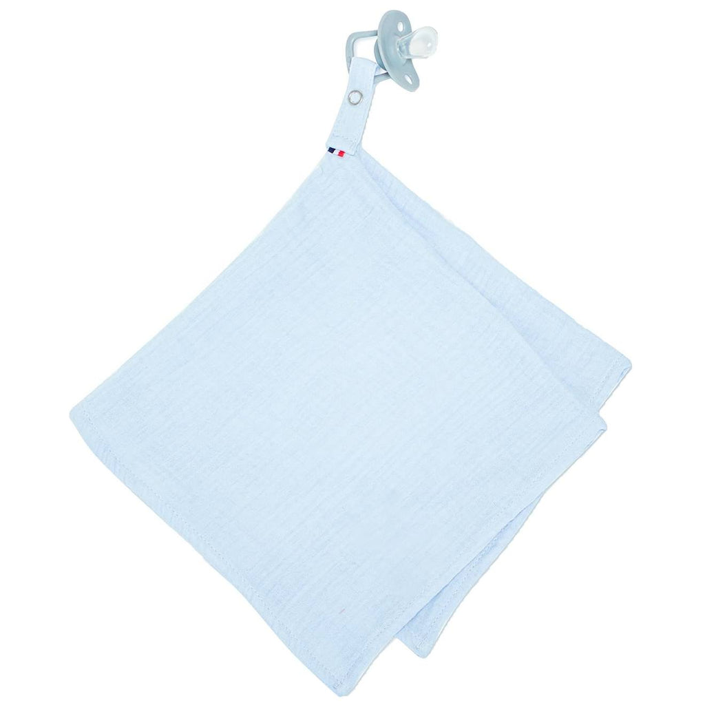Doudou lange attache tétine en gaze de coton jeanne bleu