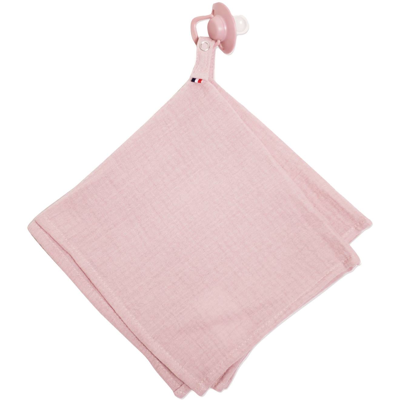 Doudou lange attache tétine en gaze de coton jeanne rose