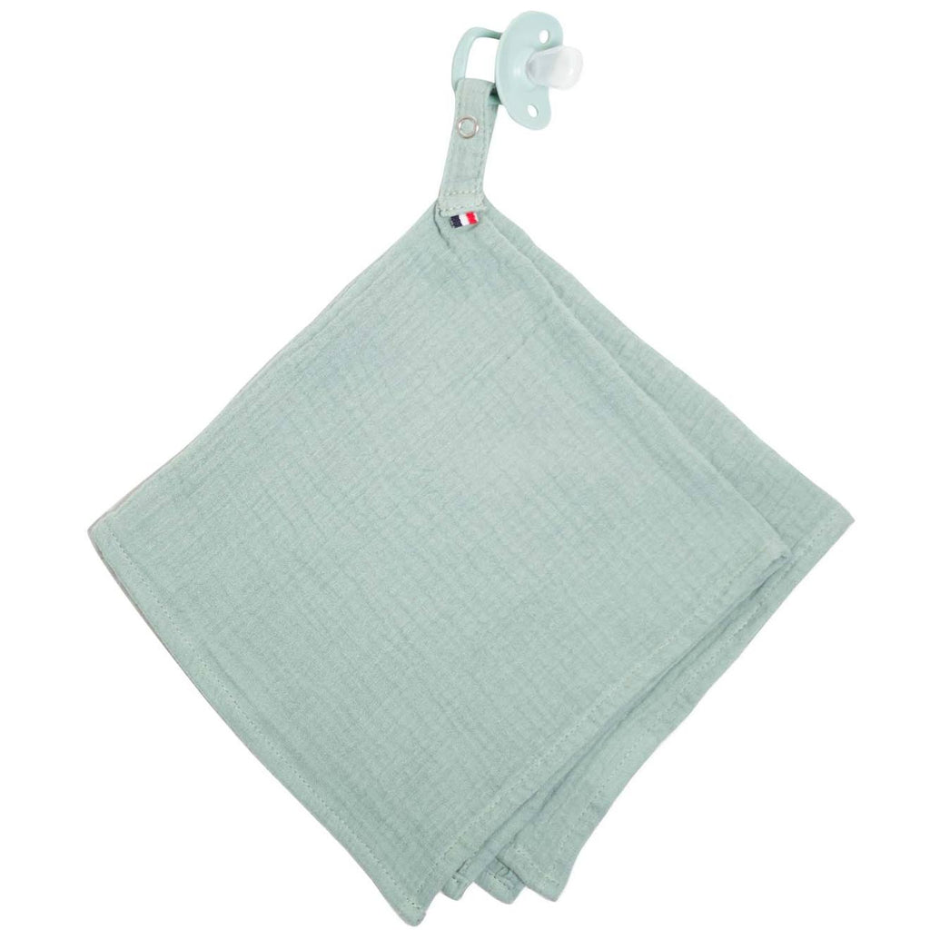Doudou lange attache tétine en gaze de coton jeanne vert de gris