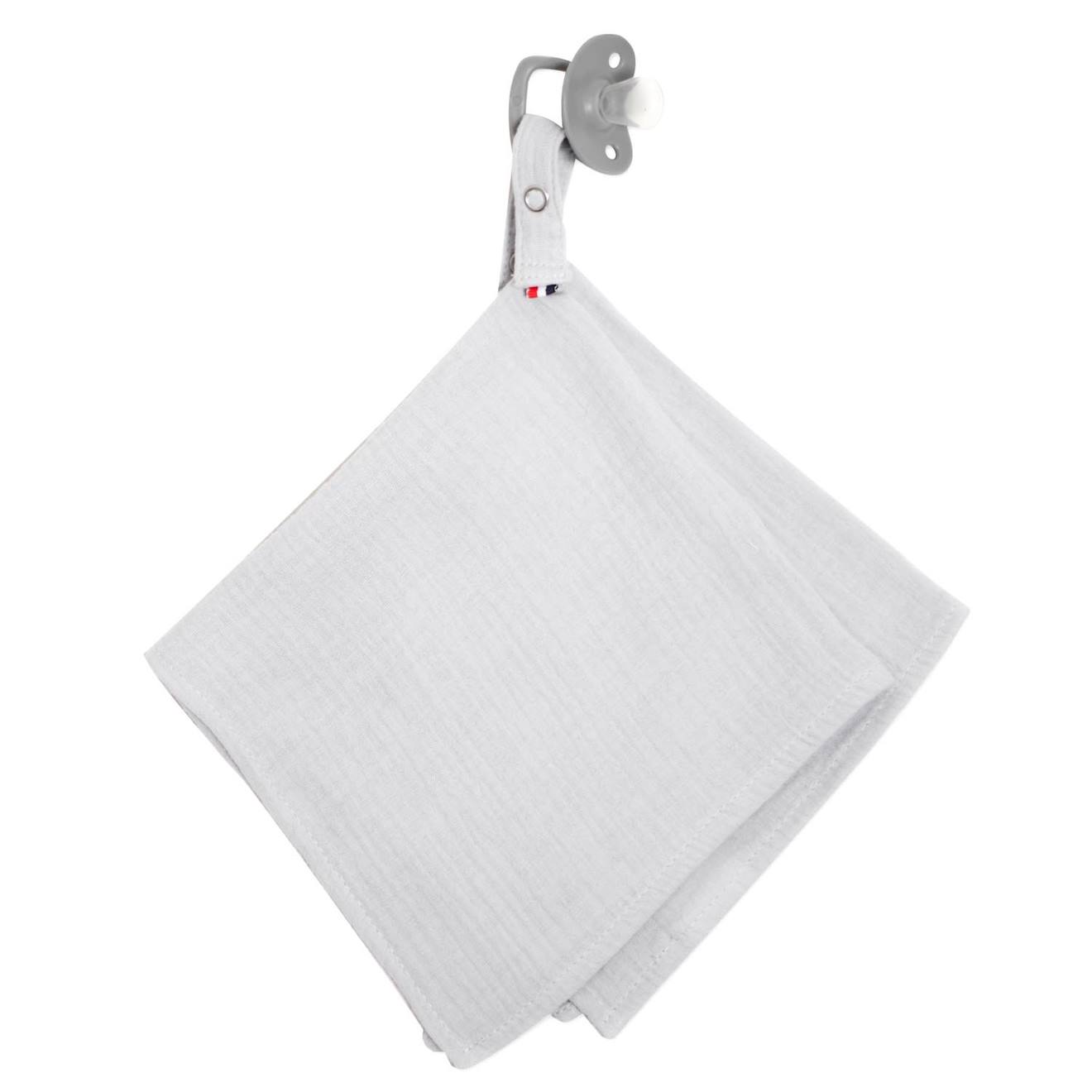 Doudou lange attache tétine en gaze de coton jeanne gris clair