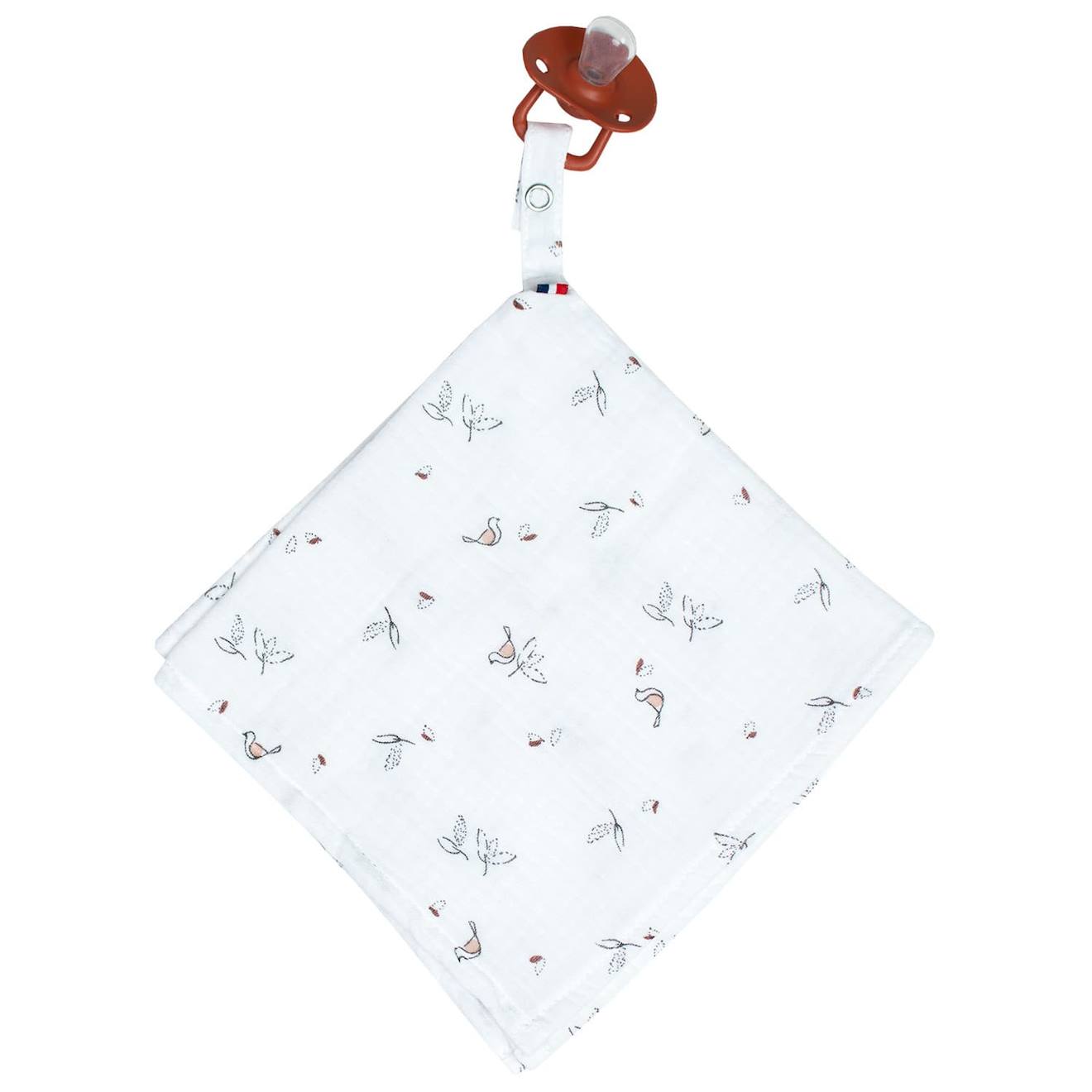 Doudou lange attache tétine en gaze de coton melody melody, blanc imprimé minimali